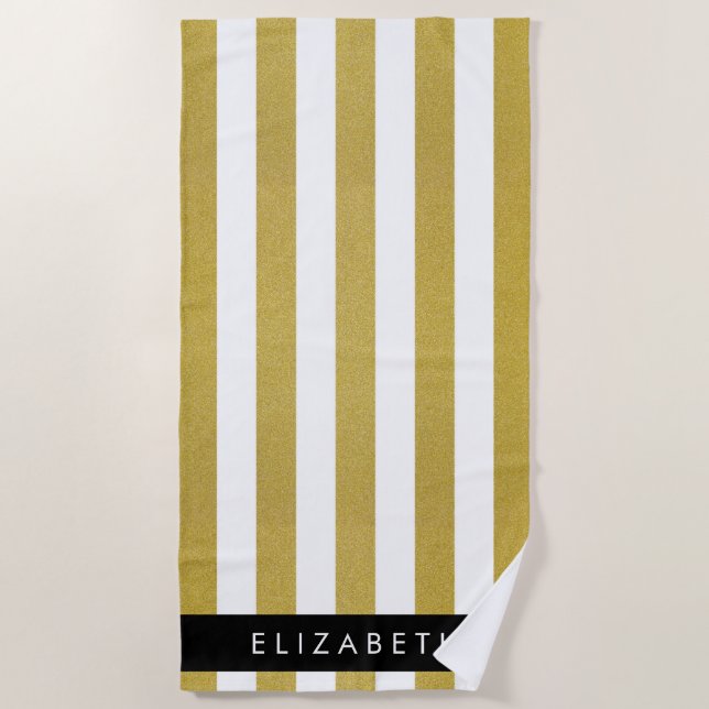 Gold Stripes, Striped Pattern, Lines, Your Name Beach Towel (Front)