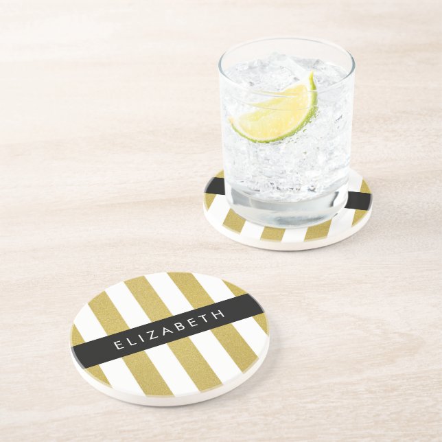 Gold Stripes, Striped Pattern, Lines, Your Name Coaster (Side)