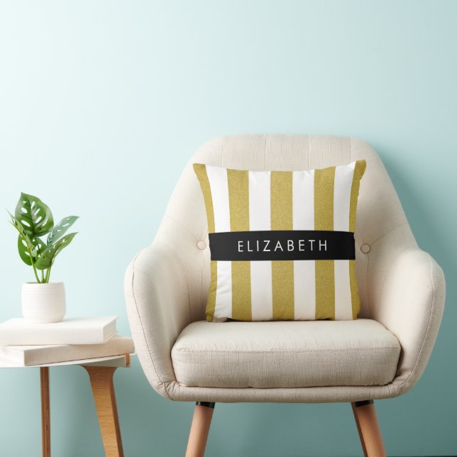 Gold Stripes, Striped Pattern, Lines, Your Name Cushion (Chair)