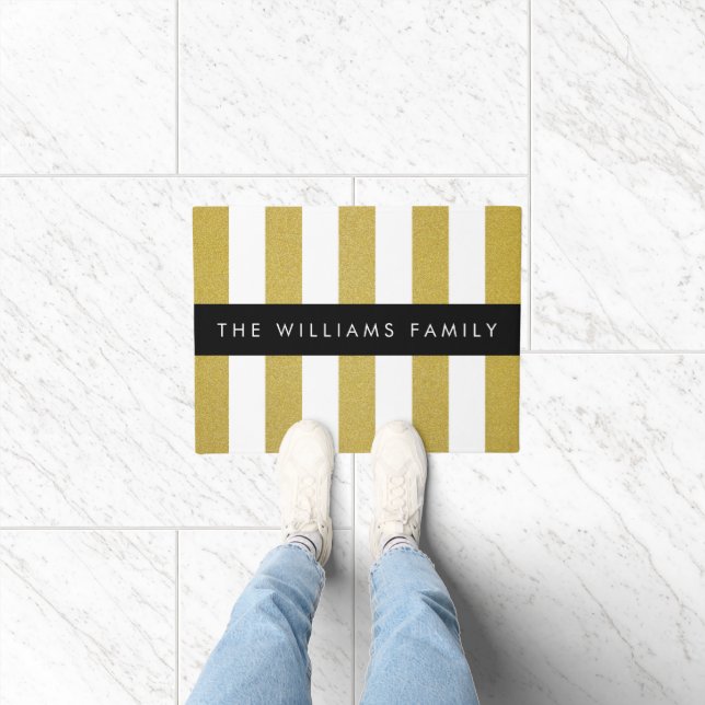 Gold Stripes, Striped Pattern, Lines, Your Name Doormat (Indoor)