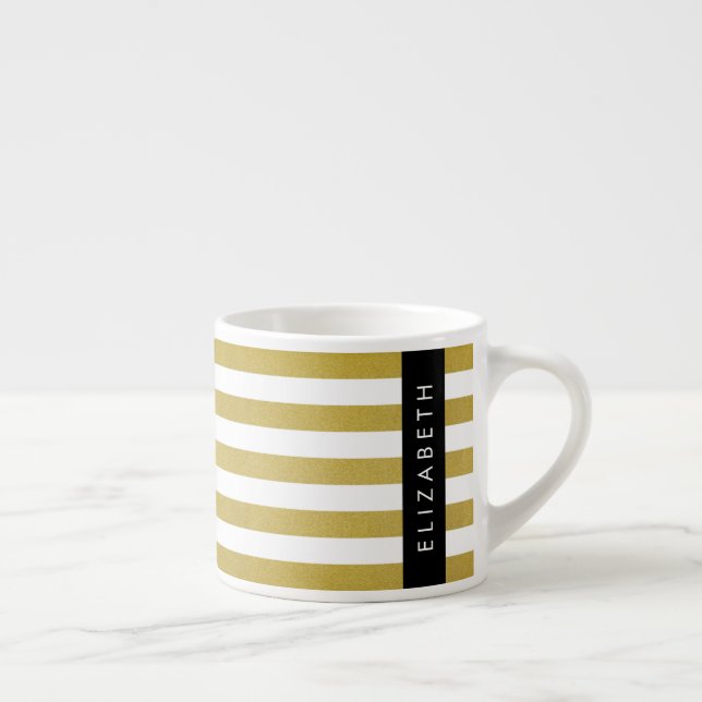 Gold Stripes, Striped Pattern, Lines, Your Name Espresso Cup (Right)