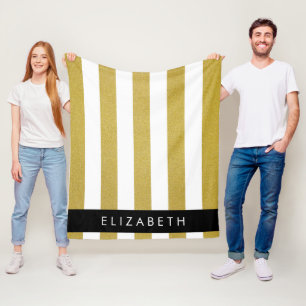 Gold Stripes, Striped Pattern, Lines, Your Name Fleece Blanket