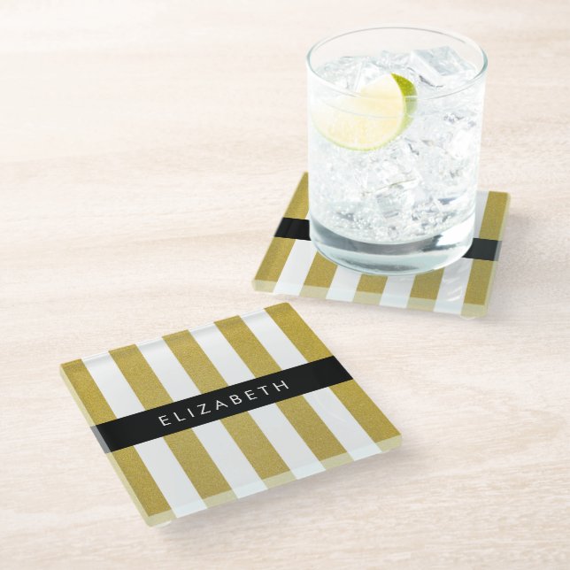 Gold Stripes, Striped Pattern, Lines, Your Name Glass Coaster (Angled)