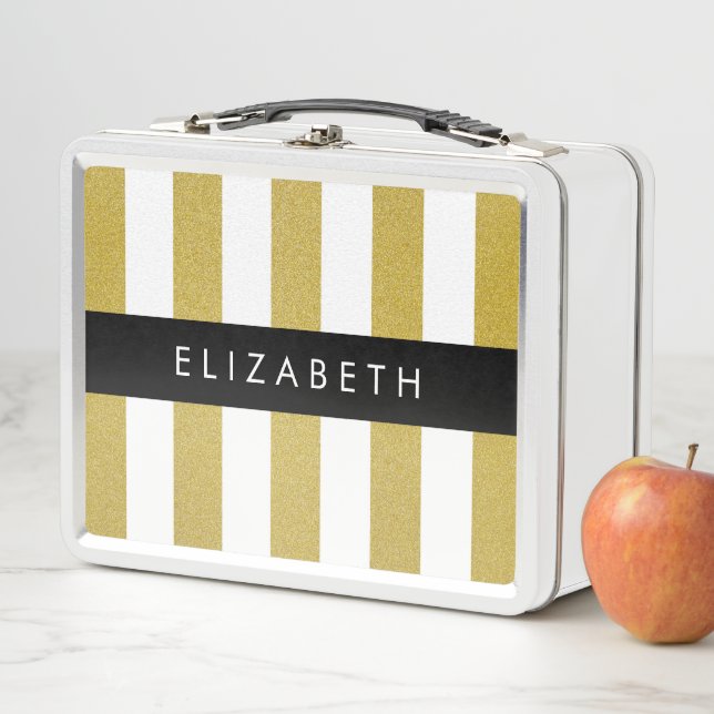 Gold Stripes, Striped Pattern, Lines, Your Name Metal Lunch Box (In Situ)