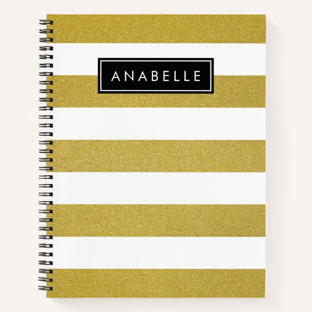 Gold Stripes, Striped Pattern, Lines, Your Name Notebook (Front)