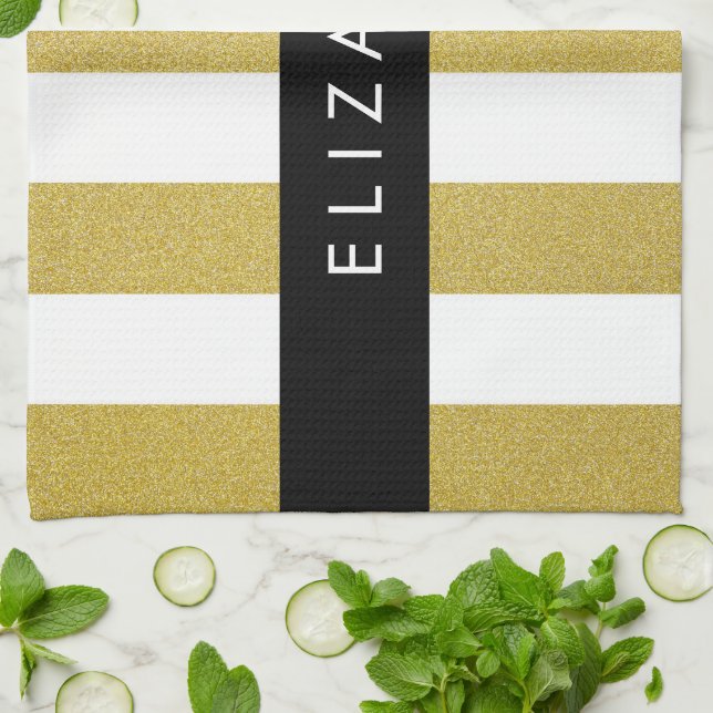 Gold Stripes, Striped Pattern, Lines, Your Name Tea Towel (Folded)