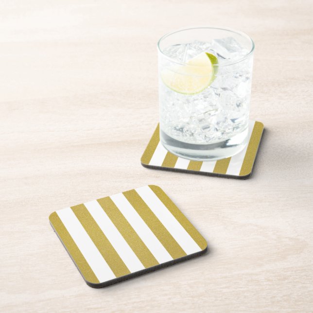 Gold Stripes, White Stripes, Striped Pattern Coaster (Right Side)