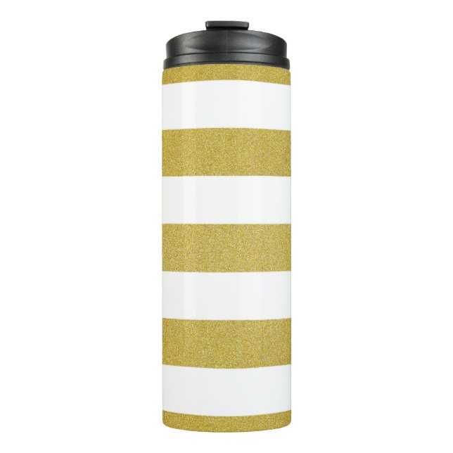 Gold Stripes, White Stripes, Striped Pattern Thermal Tumbler (Front)