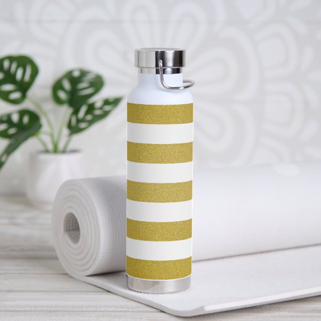 Gold Stripes, White Stripes, Striped Pattern Water Bottle (Yoga)