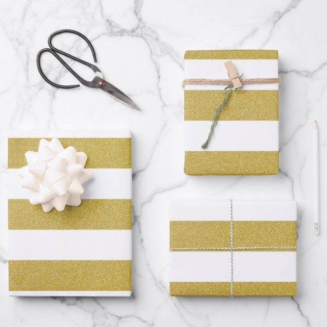 Gold Stripes, White Stripes, Striped Pattern Wrapping Paper Sheet (Front)