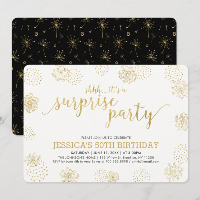 Gold | Stylish Modern Surprise 50th Birthday Party Invitation (Front/Back)