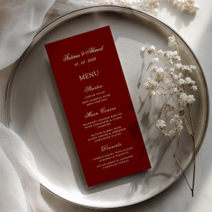 Gold Stylish Script Burgundy Red Wedding Dinner Menu