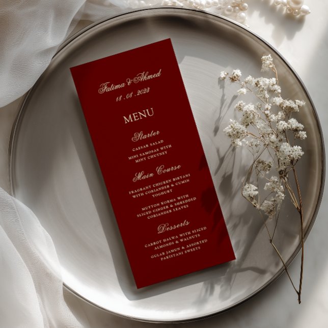 Gold Stylish Script Burgundy Red Wedding Dinner Menu (Creator Uploaded)