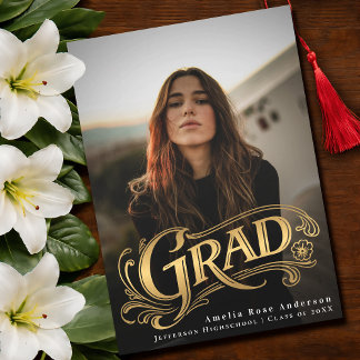 Gold Stylish Vintage Grad Photo Announcement Card 