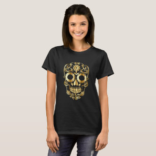 Gold Sugar Skull on Black T-Shirt