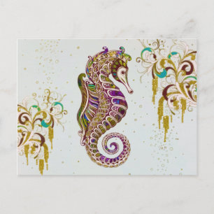 Gold Summer Rainbow Seahorse Glitter Holiday Postcard