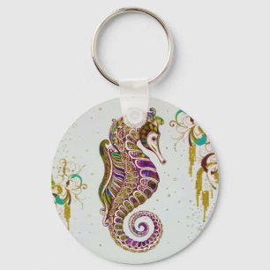 Gold Summer Rainbow Seahorse Glitter Key Ring
