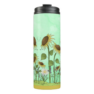 Gold Summer Sunflower Illustration on Mint Green Thermal Tumbler