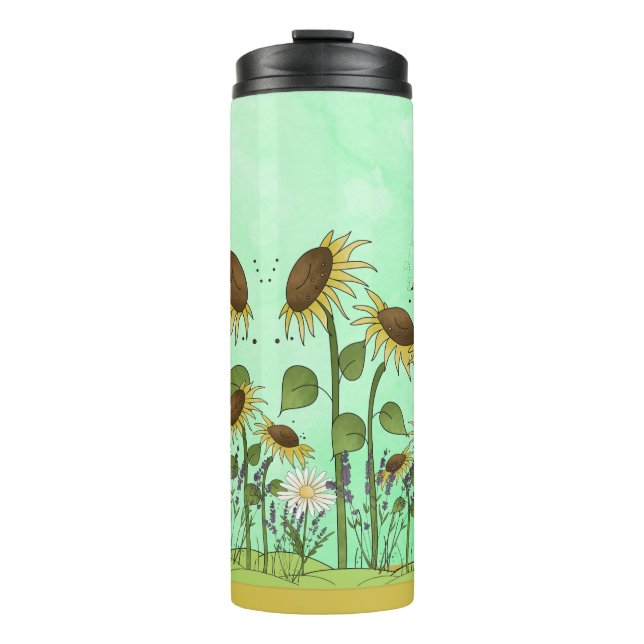 Gold Summer Sunflower Illustration on Mint Green Thermal Tumbler (Front)