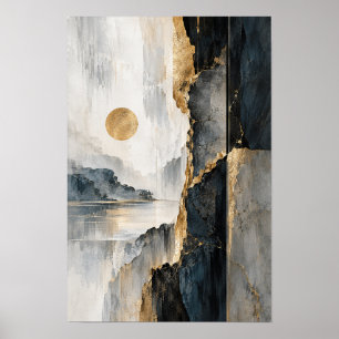 Gold Sun and Dark Cliff Abstract Landscape Wall Ar Poster