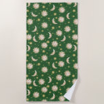 Gold Sun and Moon on Forest Green Beach Towel<br><div class="desc">Miss Sun and Mr Moon in gold meet on this artful forest green beach towel.</div>