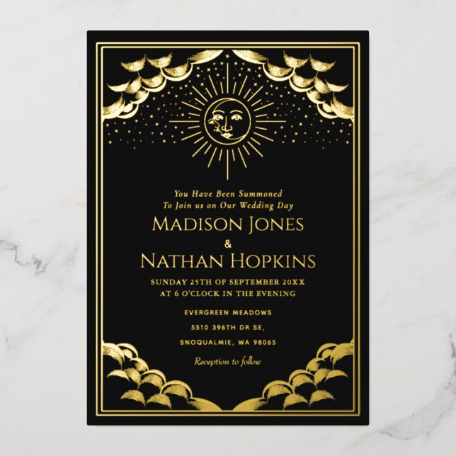 Gold Sun and Moon Tarot Card Wedding Invitation (Front)