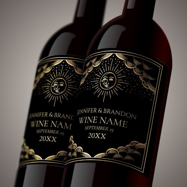 Gold Sun and Moon Tarot Card Wedding Wine Label (Creator Uploaded)