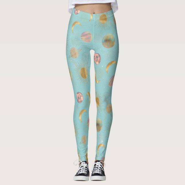 Gold Sun Moon Planets Space Blue illustration Leggings (Front)