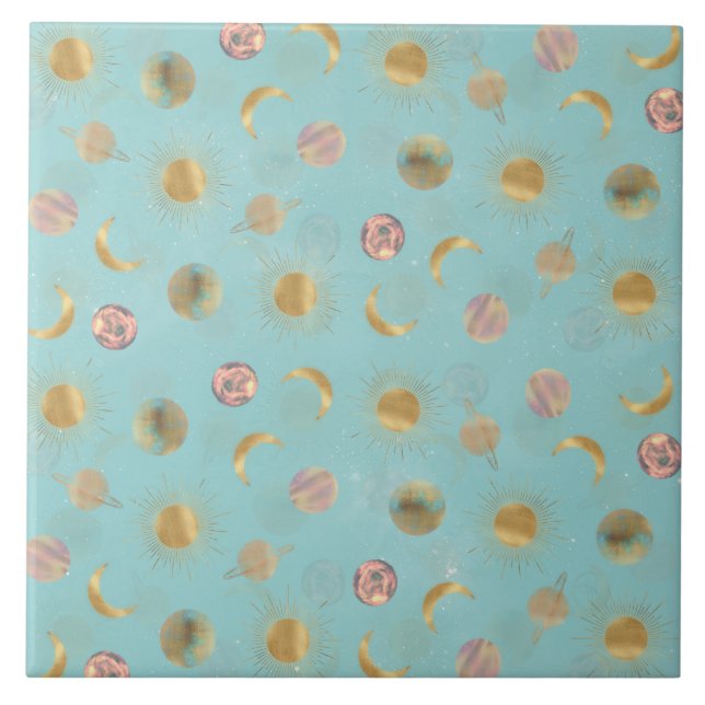 Gold Sun Moon Planets Space Blue illustration Tile (Front)