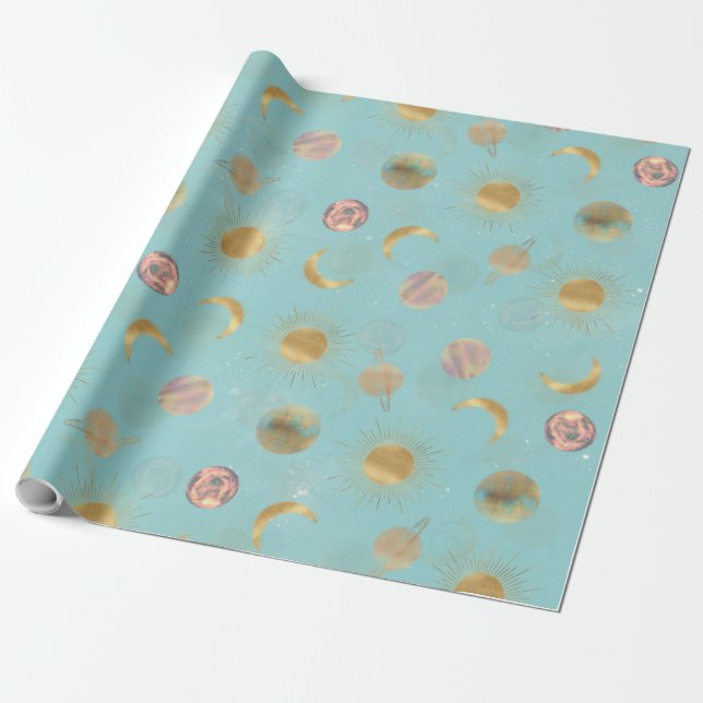Gold Sun Moon Planets Space Blue illustration Wrapping Paper (Unrolled)