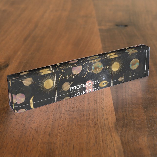 Gold Sun Moon Planets Space illustration Nameplate (Side)