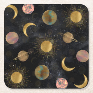 Gold Sun Moon Planets Space illustration Square Paper Coaster