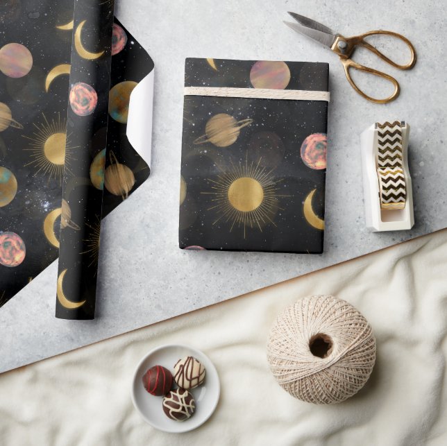 Gold Sun Moon Planets Space illustration Wrapping Paper (Crafts)