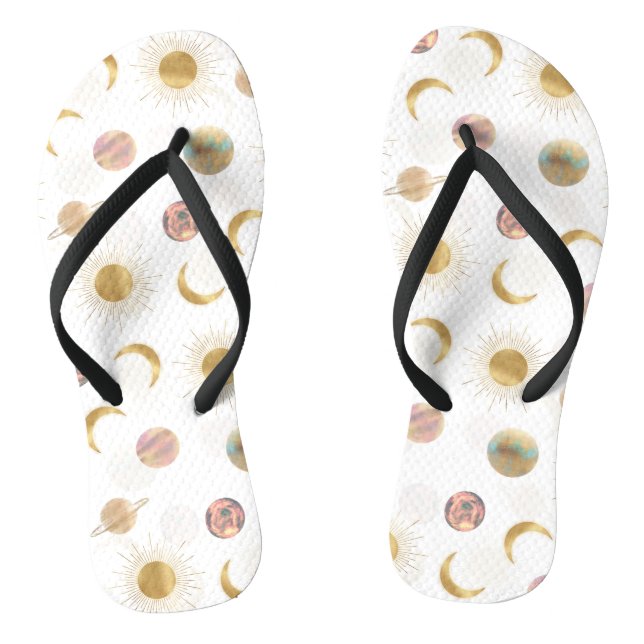 Gold Sun Moon Planets Space White illustration Jandals (Footbed)