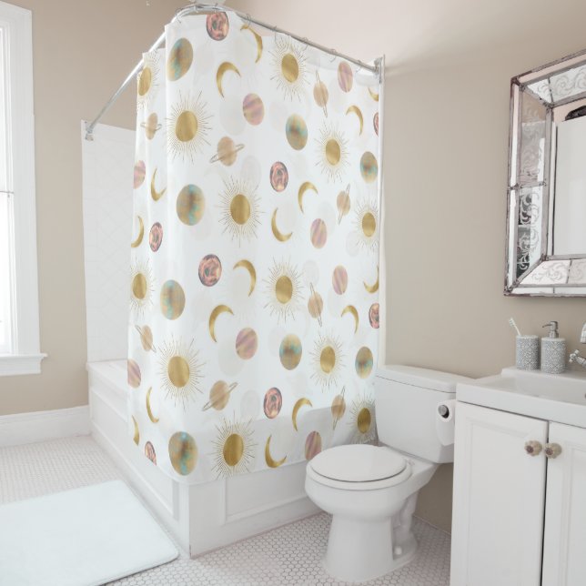 Gold Sun Moon Planets Space White illustration Shower Curtain (In Situ)