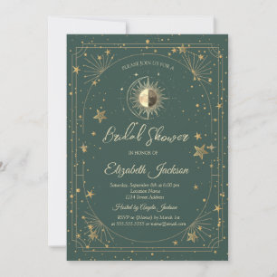 Gold Sun Stars Frame Green Bridal Shower Invitation
