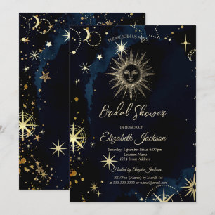 Gold Sun,Stars Navy Blue Bridal Shower Invitation