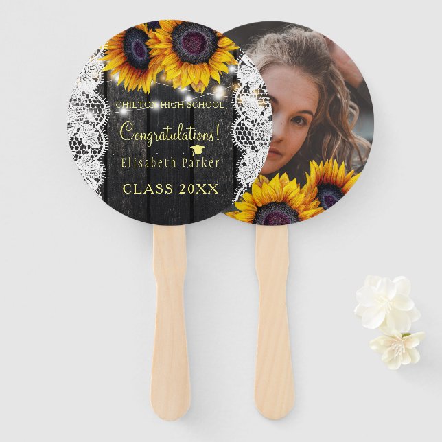 Gold sunflower barn wood PHOTO graduation party Hand Fan (Front and Back)
