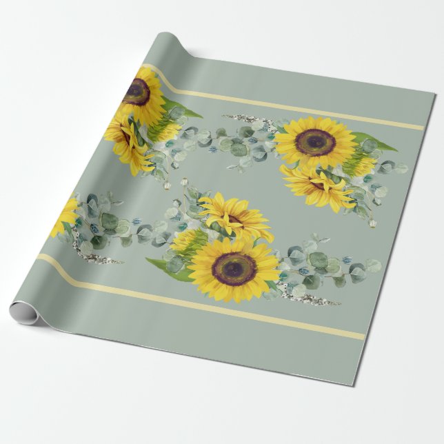 Gold Sunflower Eucalpytus Greenery Wrapping Paper (Unrolled)