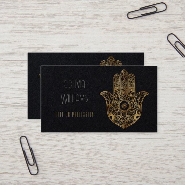 Gold Sunflower Hamsa Hand Business Card (Front/Back In Situ)