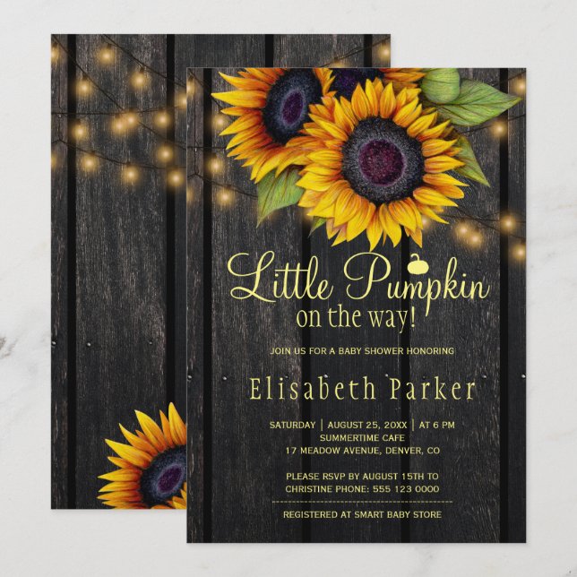 Gold sunflowers country barn wood baby shower invitation (Front/Back)