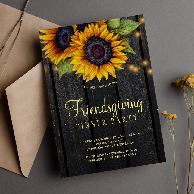 Gold sunflowers country barn wood friendsgiving invitation (Creator Uploaded)