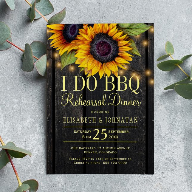 Gold sunflowers country barn wood rehearsal dinner invitation (Creator Uploaded)