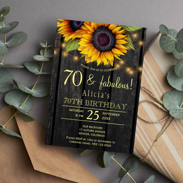 Gold sunflowers country barn wood seventy fabulous invitation (Creator Uploaded)