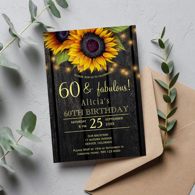 Gold sunflowers country barn wood sixty fabulous invitation (Creator Uploaded)