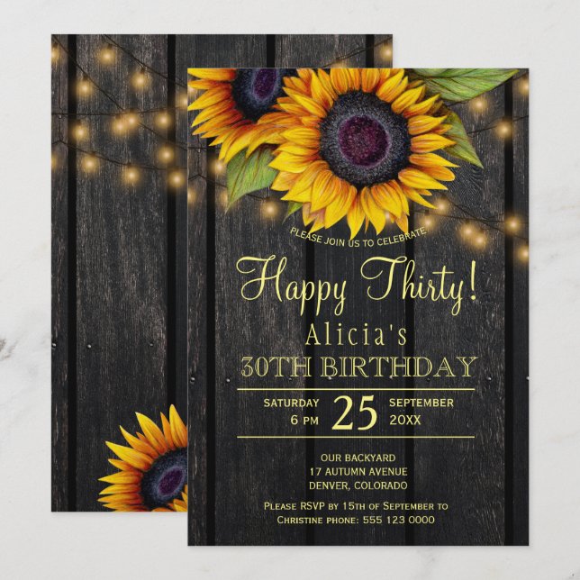Gold sunflowers country barn wood thirty birthday invitation (Front/Back)