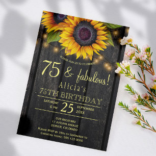 Gold sunflowers country barnwood 75 fabulous years invitation
