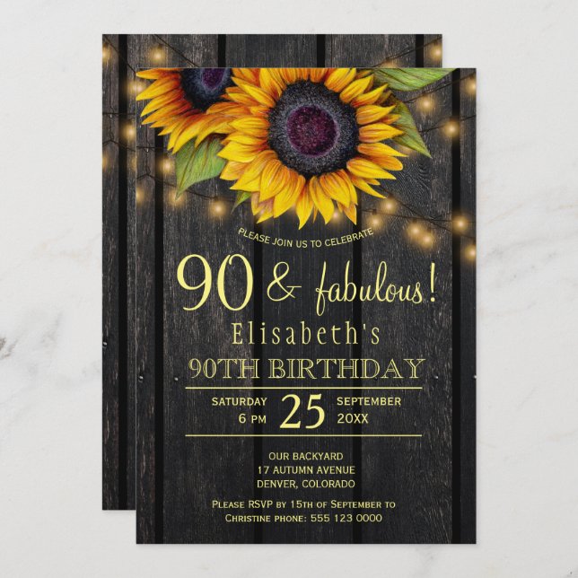 Gold sunflowers country barnwood 90 fabulous years invitation (Front/Back)