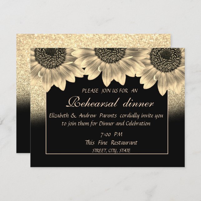 Gold, Sunflowers, Glitter  Rehearsal Dinner Invitation (Front/Back)