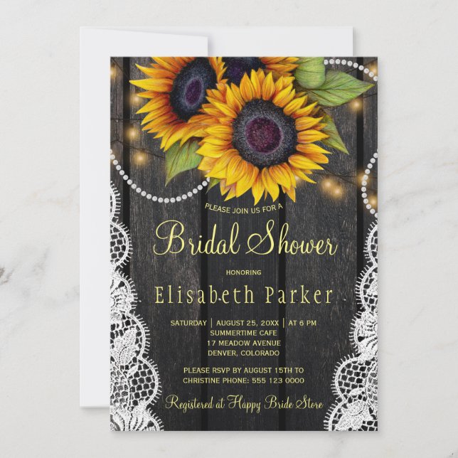 Gold sunflowers lace and barn wood bridal shower invitation (Front)